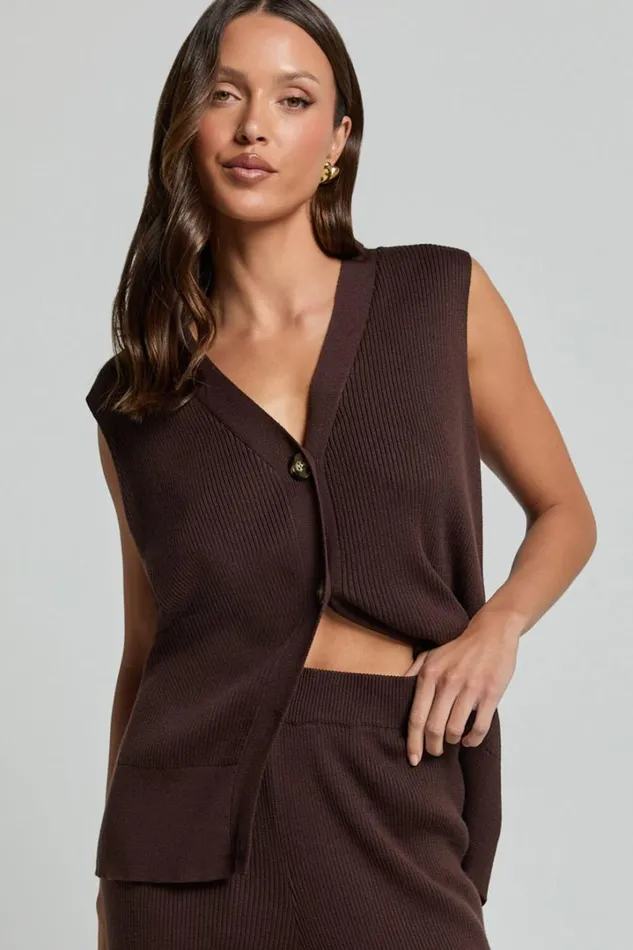Sasha Top 8211 Knitted Button Through V Neck Sleeveless Top In Chocolate Women Showpo Knitwear Sasha Top 8211 Knitted Button Through V Neck Sleeveless Top In Chocolate Women Showpo Knitwear