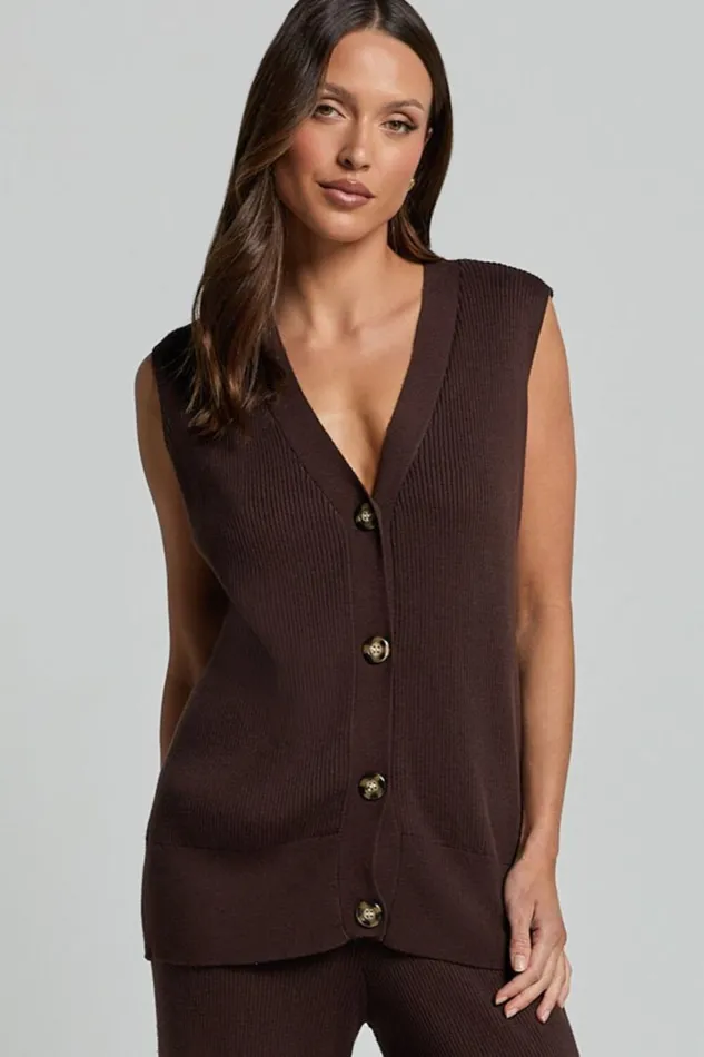 Sasha Top 8211 Knitted Button Through V Neck Sleeveless Top In Chocolate Women Showpo Knitwear
