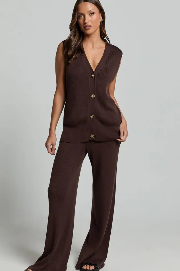 Sasha Top 8211 Knitted Button Through V Neck Sleeveless Top In Chocolate Women Showpo Knitwear