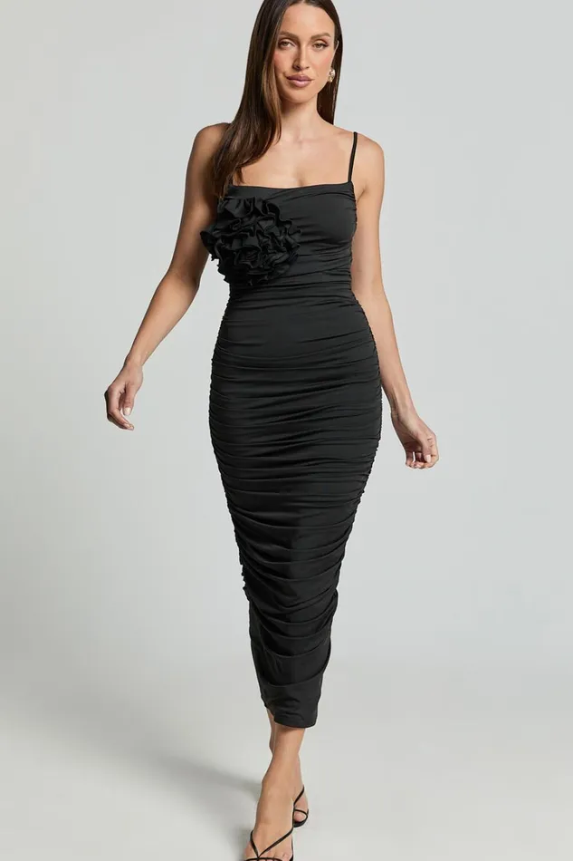 Scarlett Midi Dress 8211 3D Floral Corsage Ruched Bodycon Dress In Black Women Showpo Dresses Scarlett Midi Dress 8211 3D Floral Corsage Ruched Bodycon Dress In Black Women Showpo Dresses