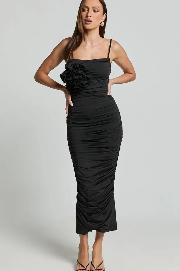 Scarlett Midi Dress 8211 3D Floral Corsage Ruched Bodycon Dress In Black Women Showpo Dresses
