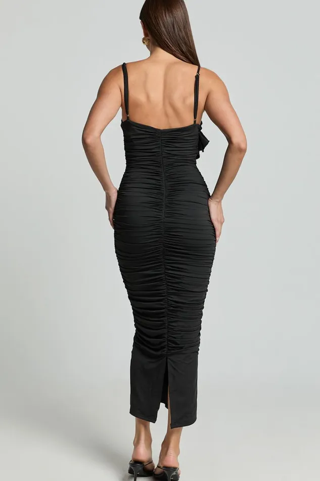Scarlett Midi Dress 8211 3D Floral Corsage Ruched Bodycon Dress In Black Women Showpo Dresses
