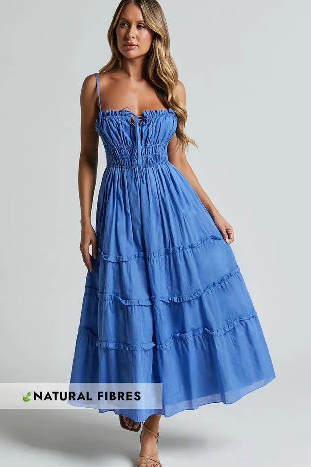 Schiffer Midi Dress 8211 Strappy Ruched Tie Front Tiered Dress In Blue Women Showpo Maternity Clothes Schiffer Midi Dress 8211 Strappy Ruched Tie Front Tiered Dress In Blue Women Showpo Maternity Clothes