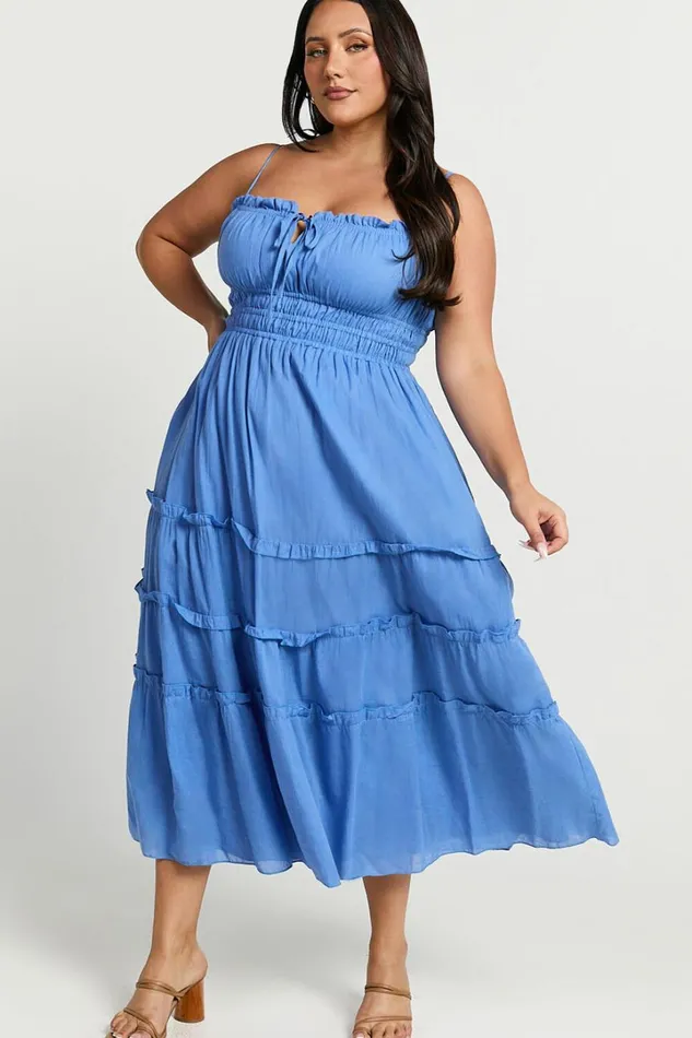 Schiffer Midi Dress 8211 Strappy Ruched Tie Front Tiered Dress In Blue Women Showpo Maternity Clothes