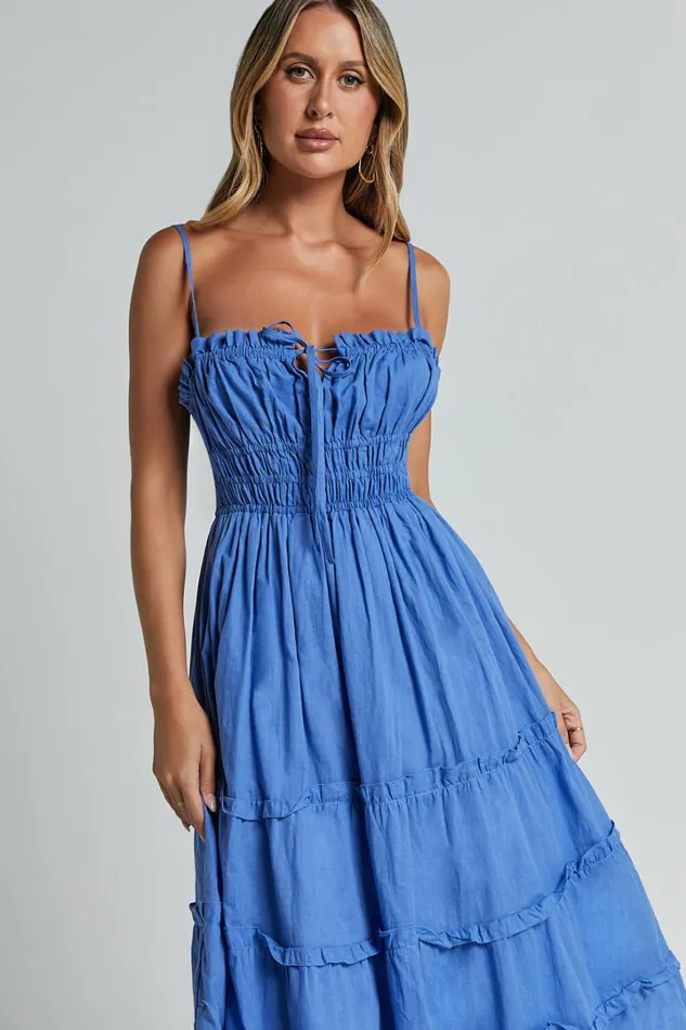 Schiffer Midi Dress 8211 Strappy Ruched Tie Front Tiered Dress In Blue Women Showpo Maternity Clothes