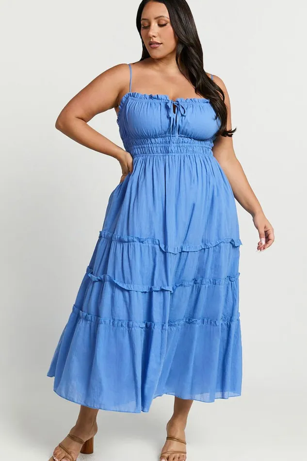 Schiffer Midi Dress 8211 Strappy Ruched Tie Front Tiered Dress In Blue Women Showpo Maternity Clothes