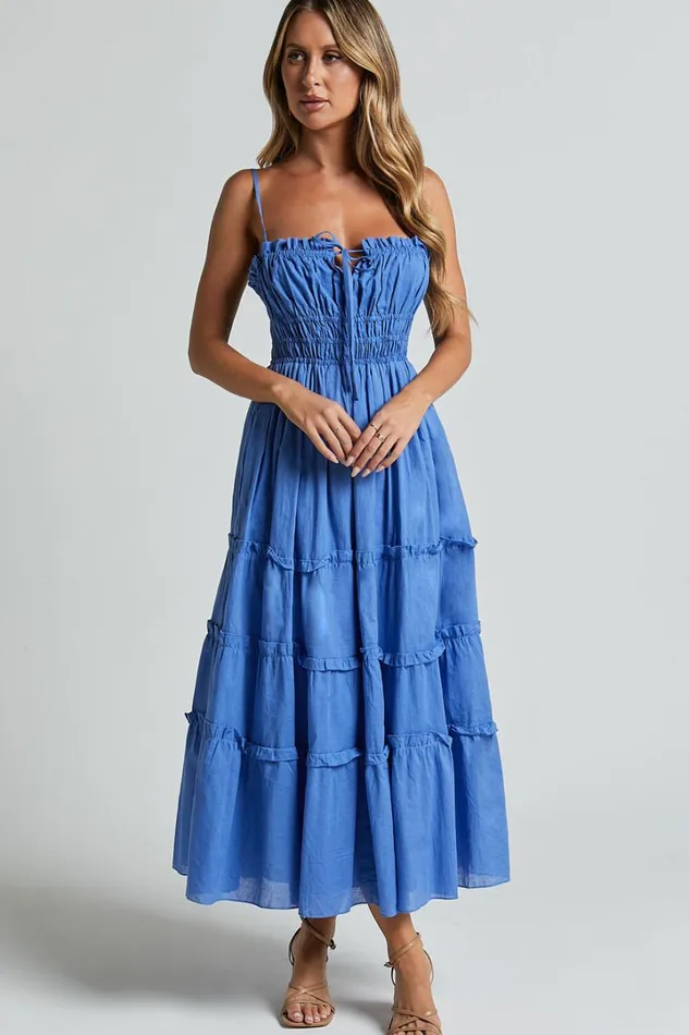 Schiffer Midi Dress 8211 Strappy Ruched Tie Front Tiered Dress In Blue Women Showpo Maternity Clothes