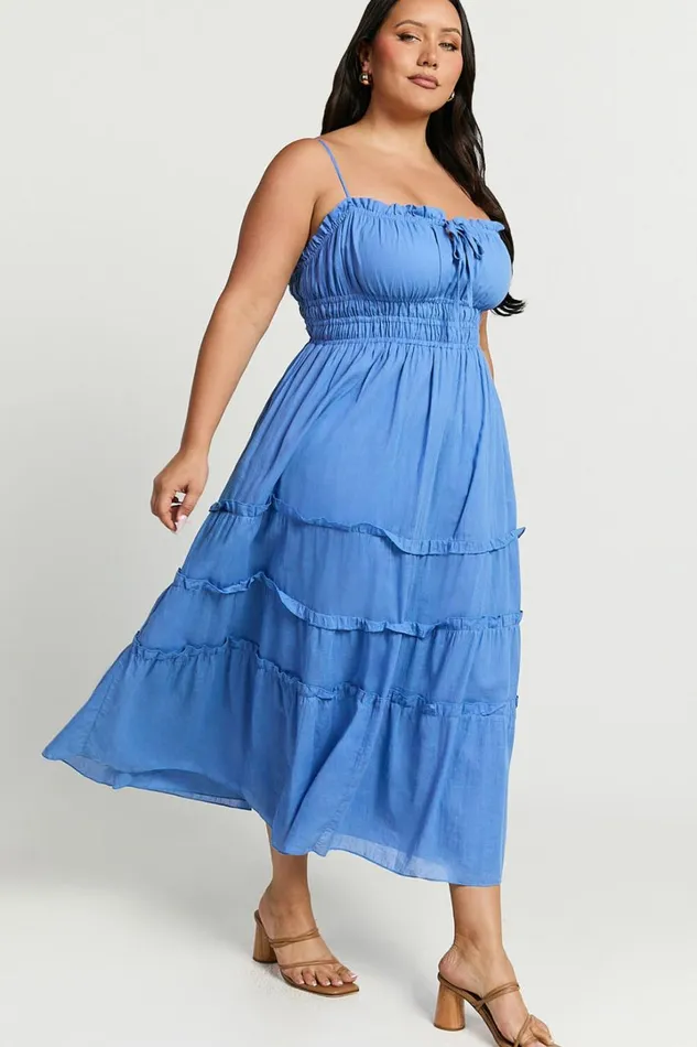Schiffer Midi Dress 8211 Strappy Ruched Tie Front Tiered Dress In Blue Women Showpo Maternity Clothes