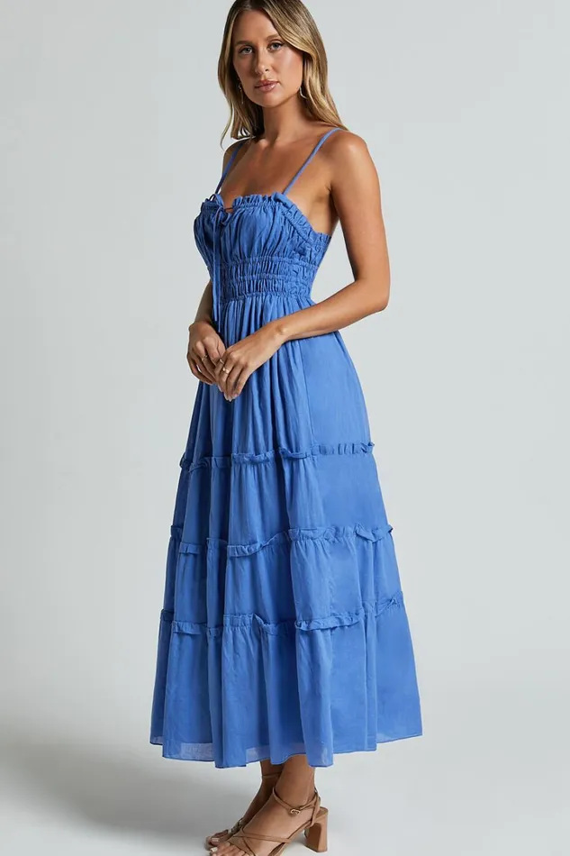 Schiffer Midi Dress 8211 Strappy Ruched Tie Front Tiered Dress In Blue Women Showpo Maternity Clothes