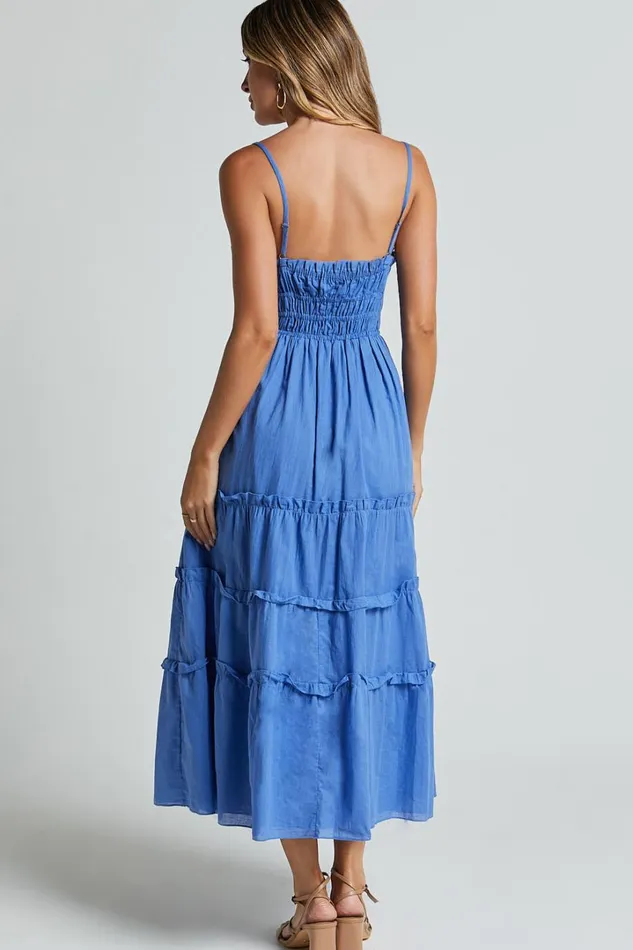 Schiffer Midi Dress 8211 Strappy Ruched Tie Front Tiered Dress In Blue Women Showpo Maternity Clothes