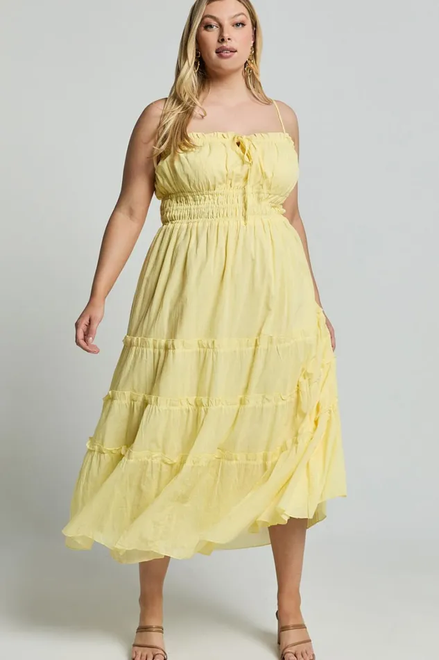 Schiffer Midi Dress 8211 Strappy Ruched Tie Front Tiered Dress In Yellow Women Showpo Curve Clothes