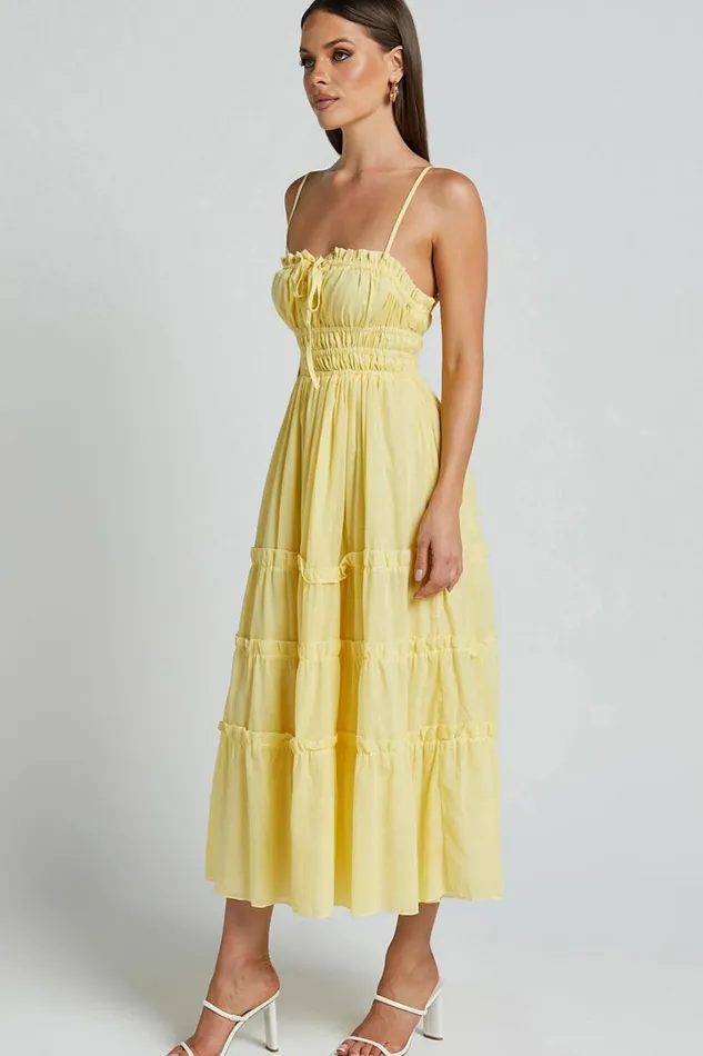 Schiffer Midi Dress 8211 Strappy Ruched Tie Front Tiered Dress In Yellow Women Showpo Curve Clothes