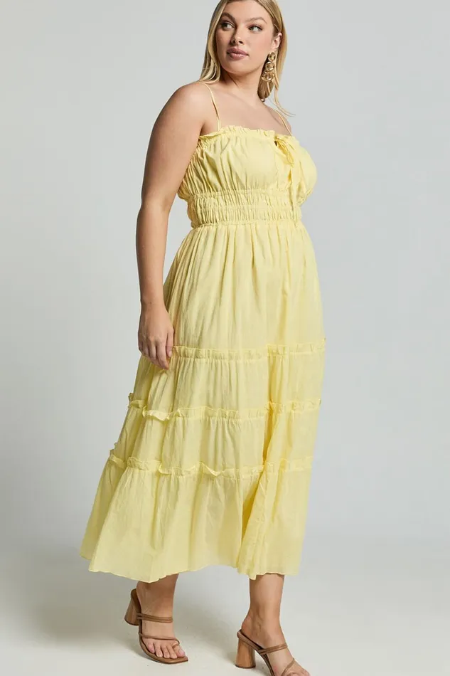 Schiffer Midi Dress 8211 Strappy Ruched Tie Front Tiered Dress In Yellow Women Showpo Curve Clothes