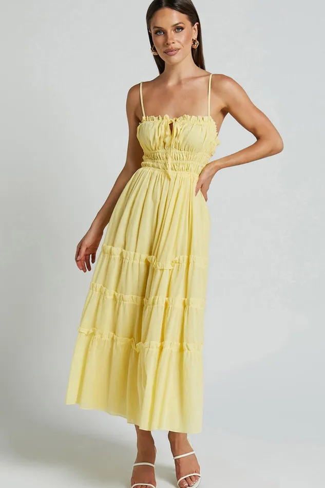Schiffer Midi Dress 8211 Strappy Ruched Tie Front Tiered Dress In Yellow Women Showpo Curve Clothes