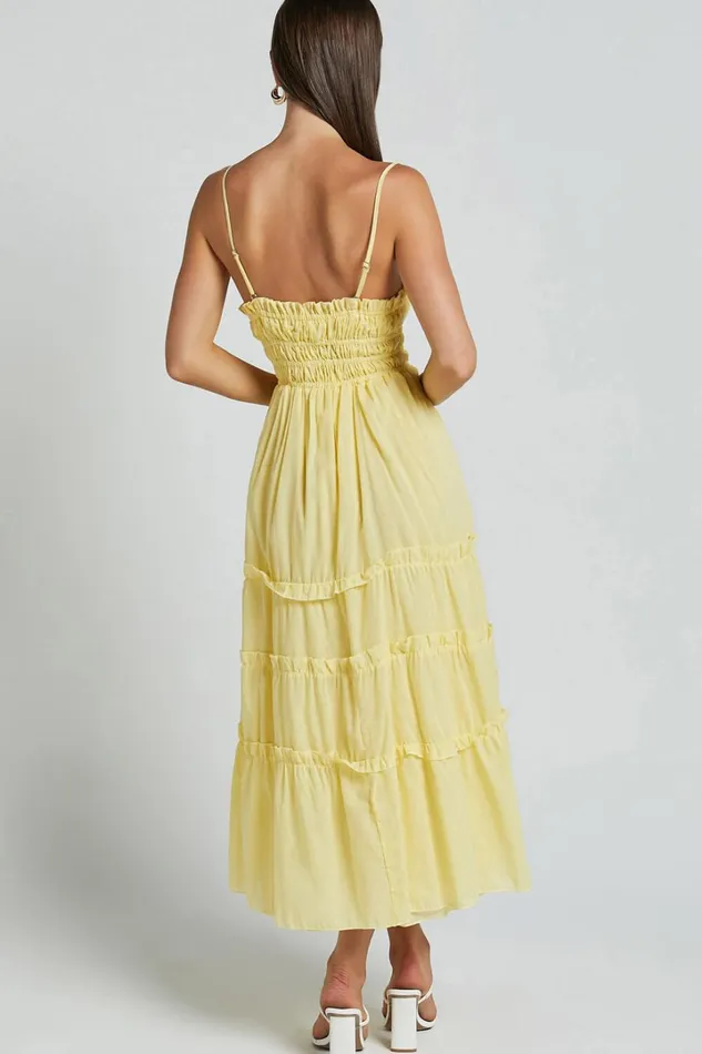 Schiffer Midi Dress 8211 Strappy Ruched Tie Front Tiered Dress In Yellow Women Showpo Curve Clothes