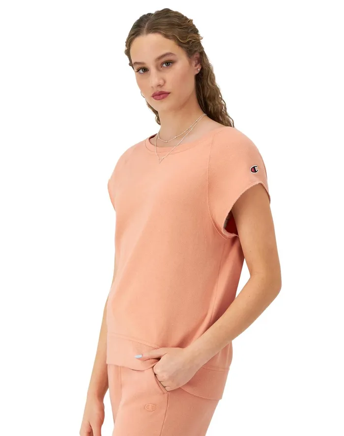 Short Sleeve Crewneck Sweatshirt C Logo Comfort Wash Peach Grapefruit Women Champion Hoodies and Sweatshirts