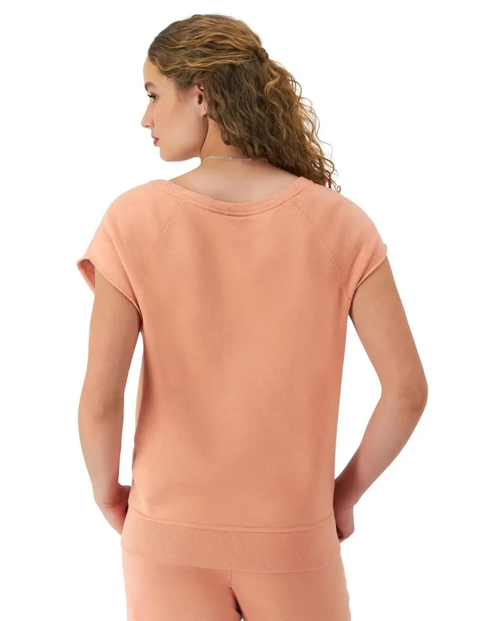 Short Sleeve Crewneck Sweatshirt C Logo Comfort Wash Peach Grapefruit Women Champion Hoodies and Sweatshirts