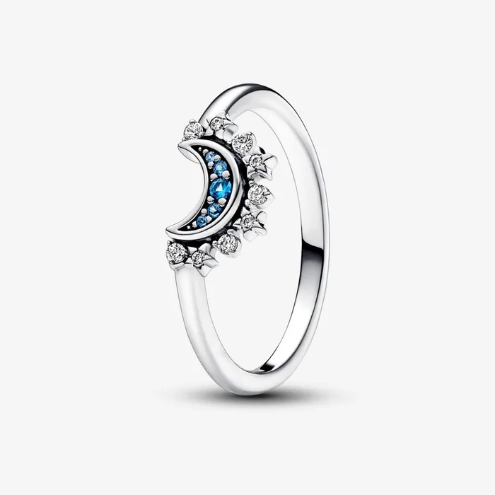 Stackable Rings Women Pandora Celestial Blue Sparkling Moon Ring