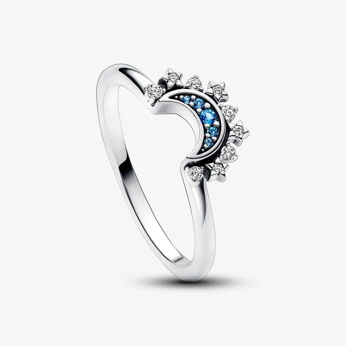 Stackable Rings Women Pandora Celestial Blue Sparkling Moon Ring