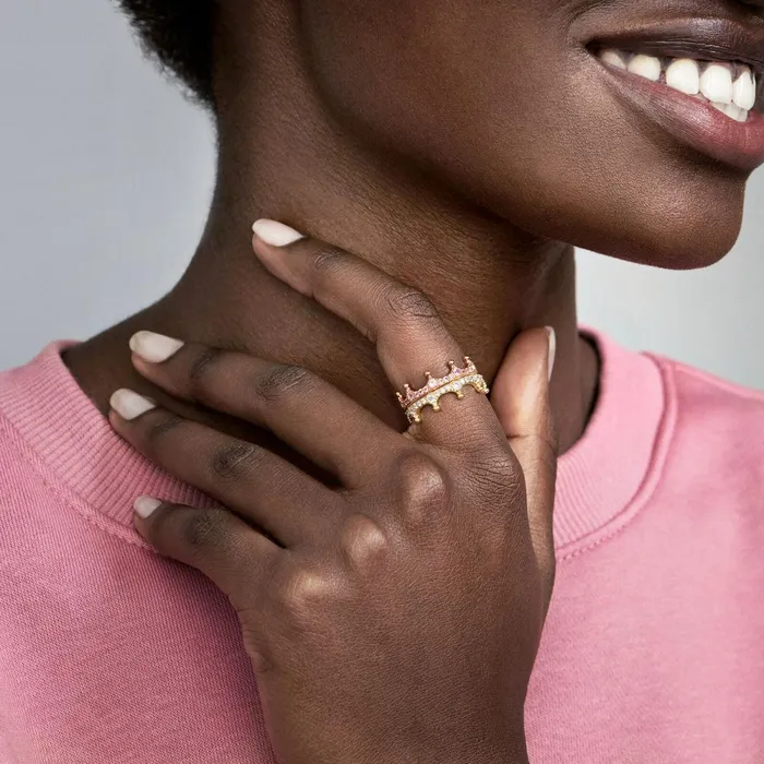 Stackable Rings Women Pandora Pink Sparkling Crown Ring