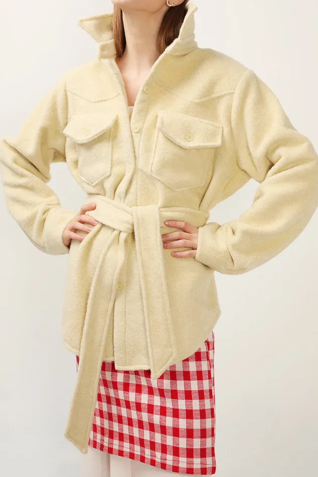 Storets Amelia Fuzzy Belted Shacket Women Jackets and Coats