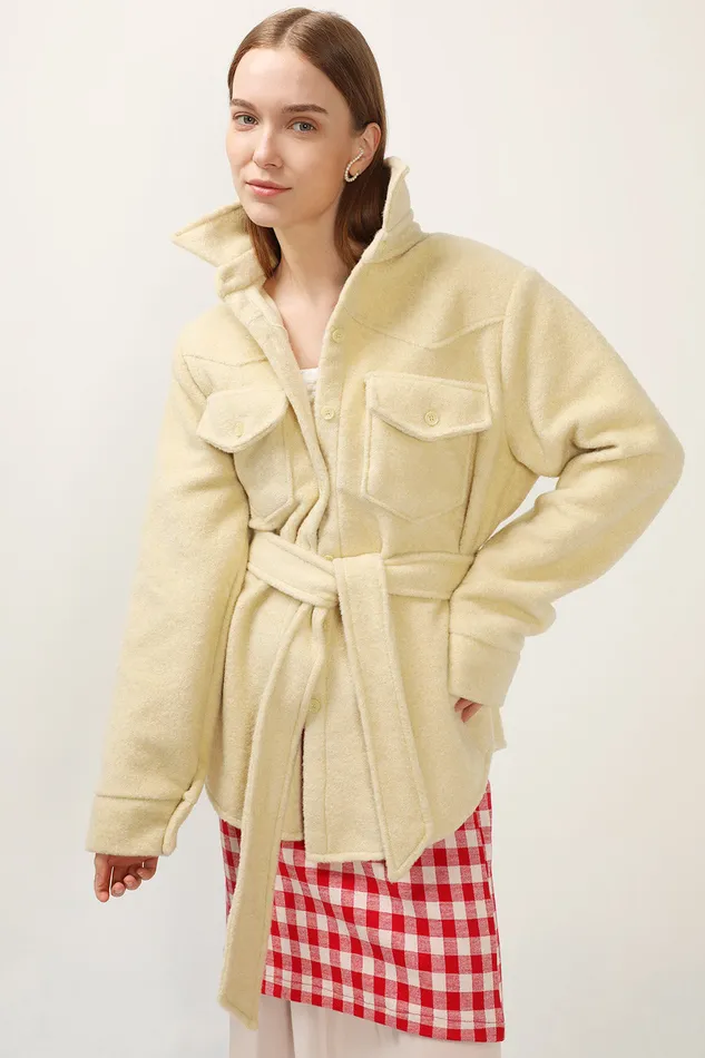 Storets Amelia Fuzzy Belted Shacket Women Jackets and Coats
