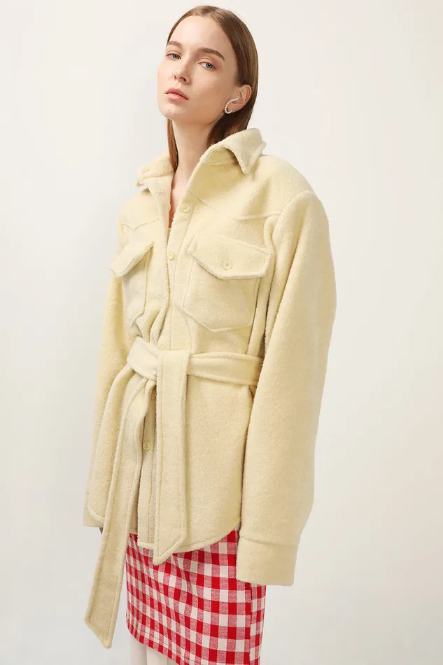 Storets Amelia Fuzzy Belted Shacket Women Jackets and Coats