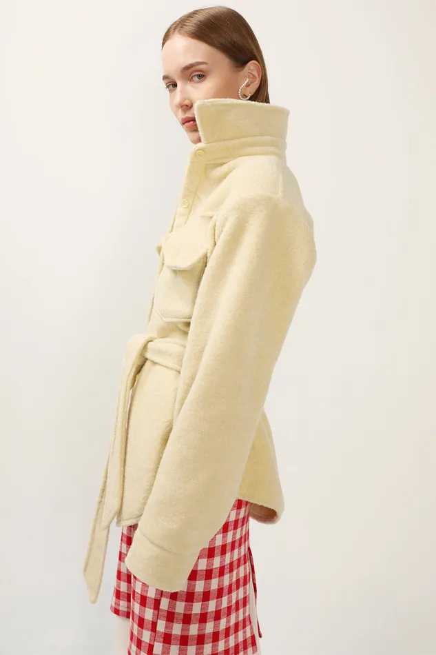 Storets Amelia Fuzzy Belted Shacket Women Jackets and Coats