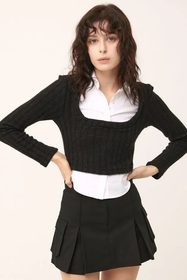 Storets Amelia Shirt Inset Crop Top Women Sweaters and Knitwears