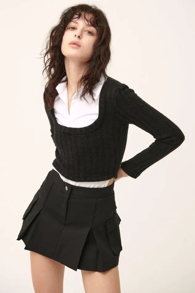 Storets Amelia Shirt Inset Crop Top Women Sweaters and Knitwears Storets Amelia Shirt Inset Crop Top Women Sweaters and Knitwears