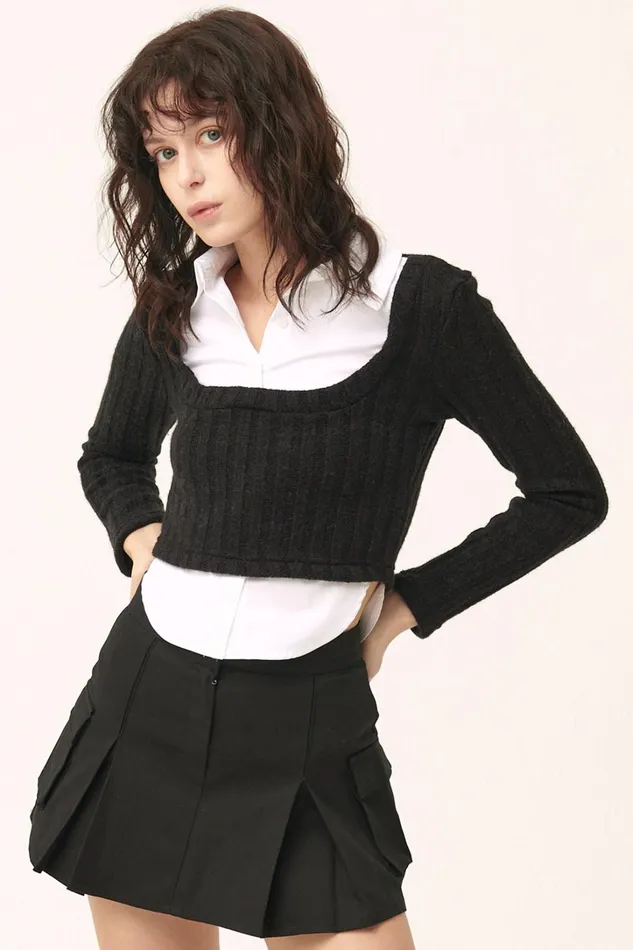 Storets Amelia Shirt Inset Crop Top Women Sweaters and Knitwears Storets Amelia Shirt Inset Crop Top Women Sweaters and Knitwears