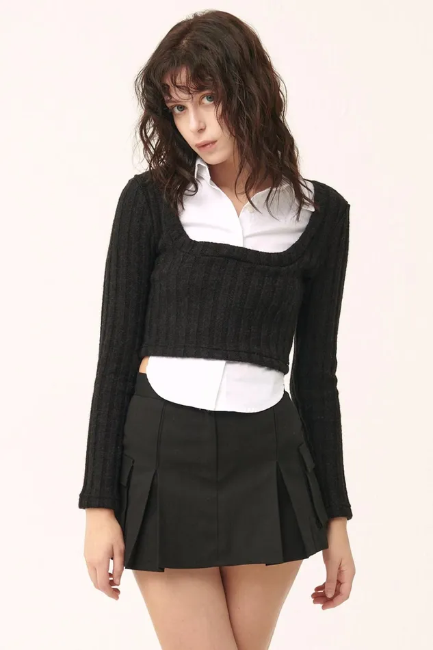 Storets Amelia Shirt Inset Crop Top Women Sweaters and Knitwears Storets Amelia Shirt Inset Crop Top Women Sweaters and Knitwears