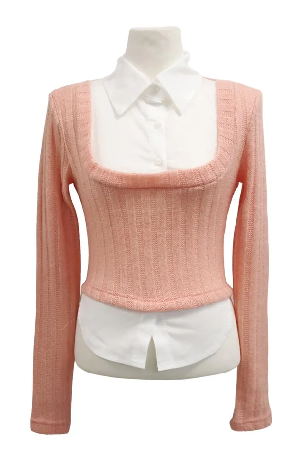 Storets Amelia Shirt Inset Crop Top Women Sweaters and Knitwears Storets Amelia Shirt Inset Crop Top Women Sweaters and Knitwears