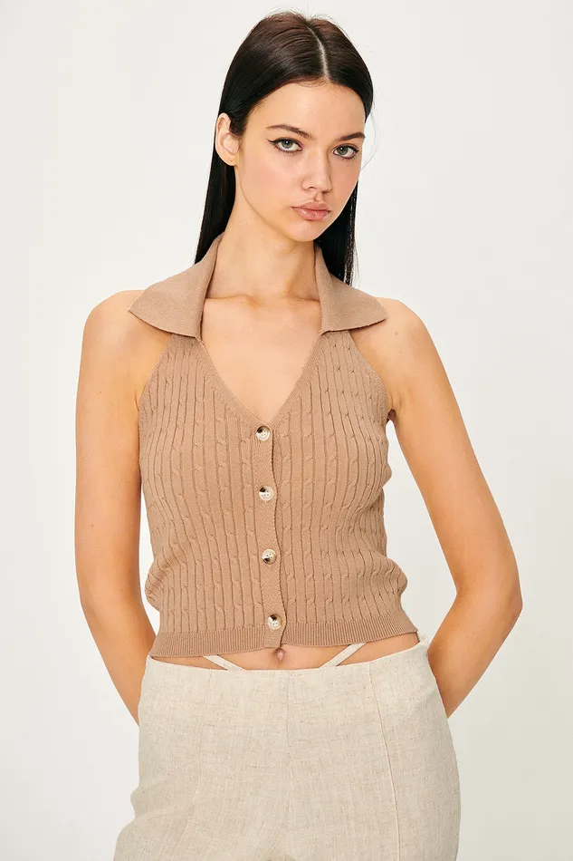 Storets Avery Knitted Halter Neck Top Women Tops