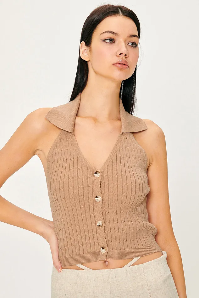 Storets Avery Knitted Halter Neck Top Women Tops