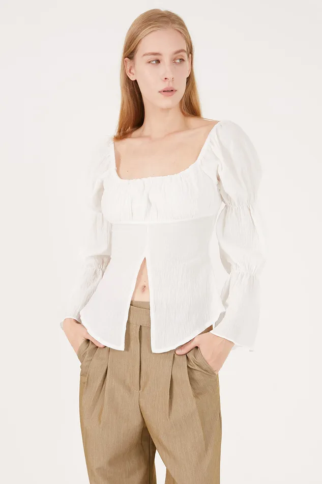 Storets Danna Balloon Sleeve W Front Slit Blouse Women Shirts and Blouses
