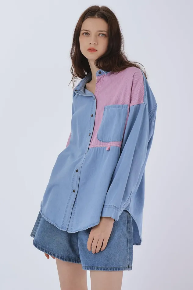 Storets Ella Colorblock Denim Shirt Women Shirts and Blouses
