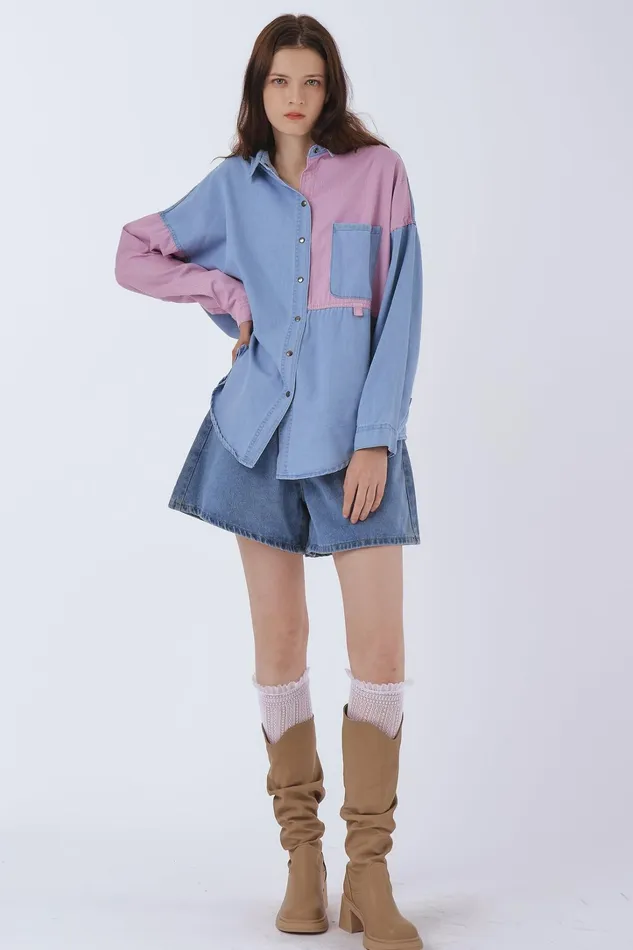Storets Ella Colorblock Denim Shirt Women Shirts and Blouses Storets Ella Colorblock Denim Shirt Women Shirts and Blouses