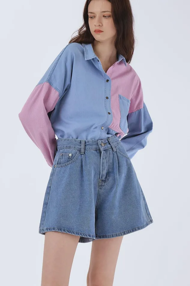 Storets Ella Colorblock Denim Shirt Women Shirts and Blouses Storets Ella Colorblock Denim Shirt Women Shirts and Blouses