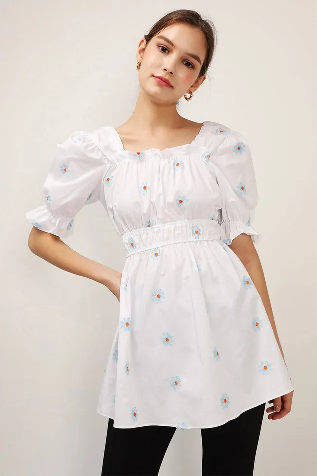 Storets Elle Daisy Embroidery Puffed Dress Women Mini Dresses