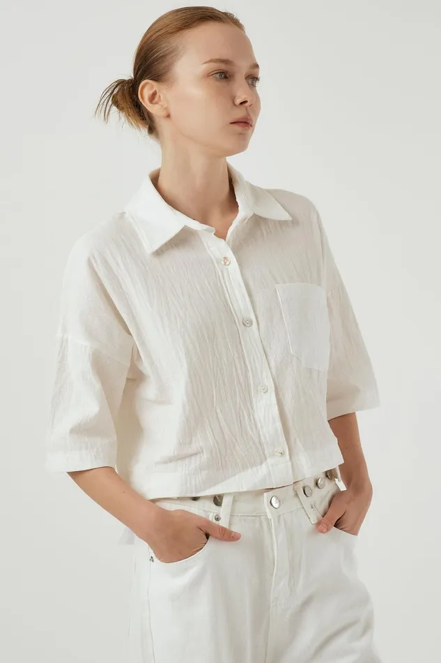 Storets Lauren Crinkle Cropped Shirt Women Shirts and Blouses Storets Lauren Crinkle Cropped Shirt Women Shirts and Blouses