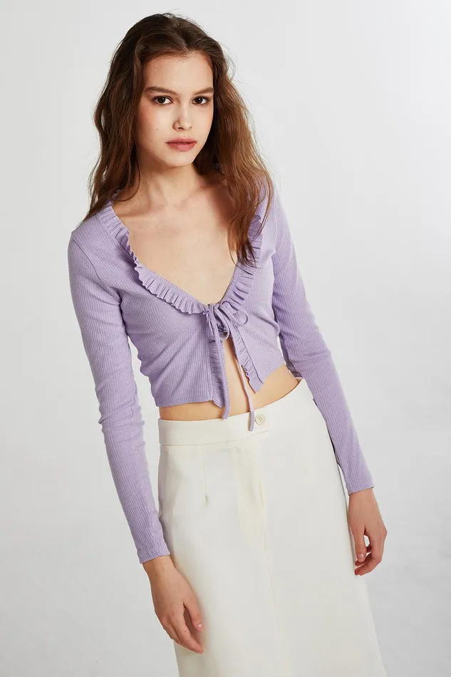 Storets Luna Ruffle Trim Cropped Cardigan Women Cardigan