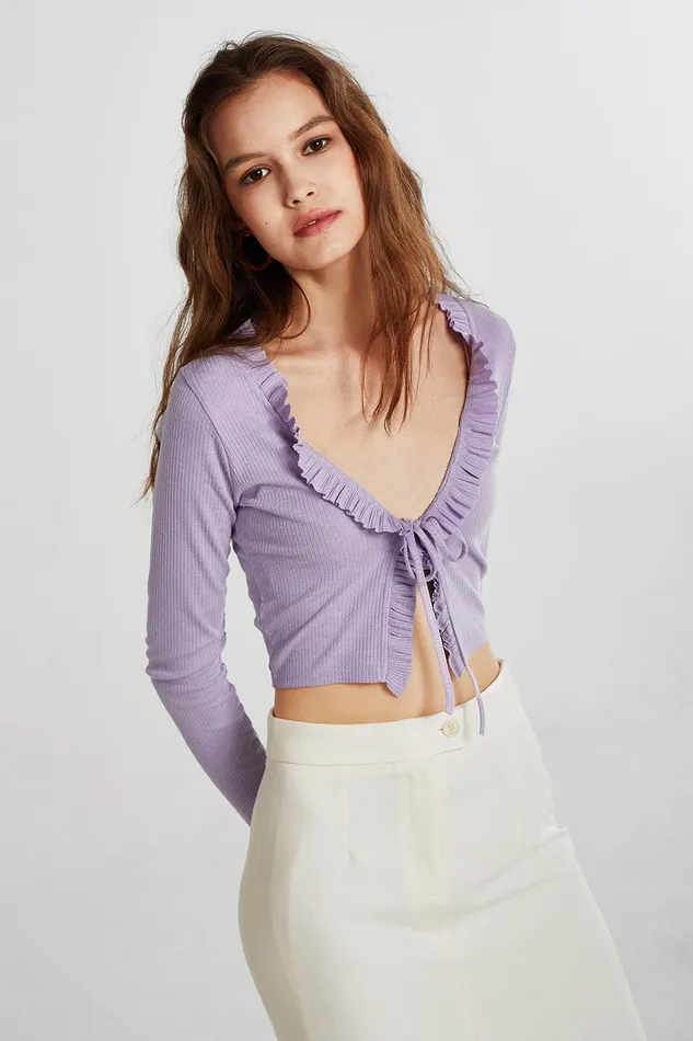 Storets Luna Ruffle Trim Cropped Cardigan Women Cardigan