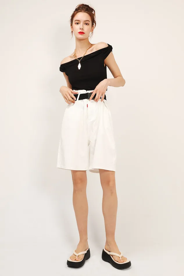 Storets Olive Paperbag Waist Belted Shorts Women Jeans