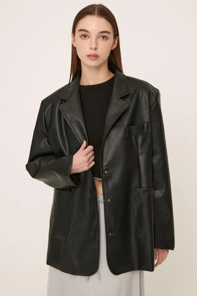 Storets Peyton Pleather Overfit Blazer Women Blazer Storets Peyton Pleather Overfit Blazer Women Blazer