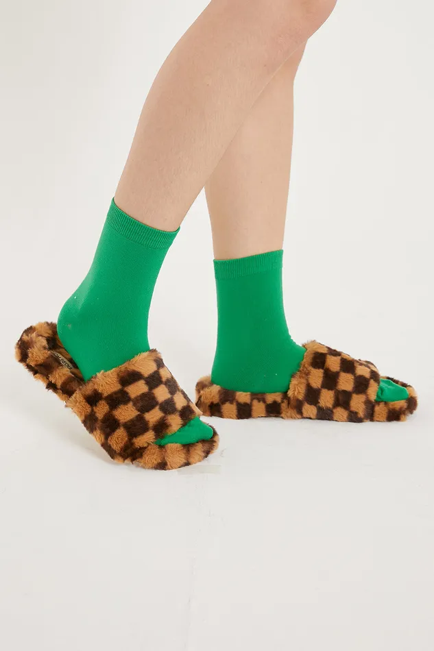 Storets Yva Checkerboard Faux Fur Open Slipper Women Shoes