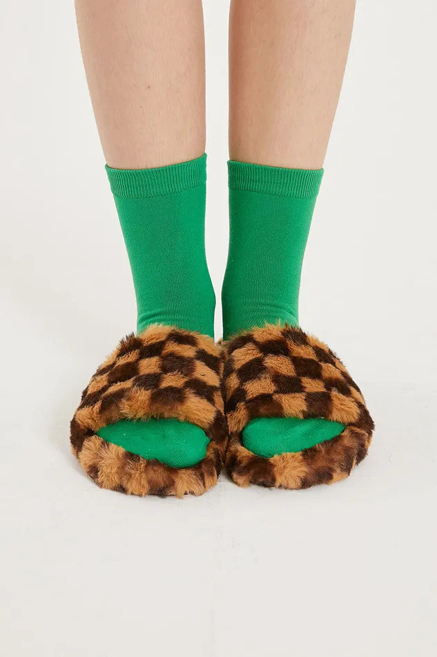 Storets Yva Checkerboard Faux Fur Open Slipper Women Shoes