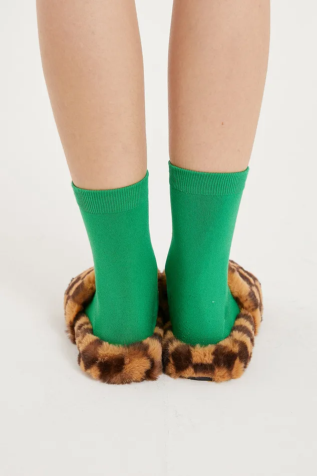 Storets Yva Checkerboard Faux Fur Open Slipper Women Shoes