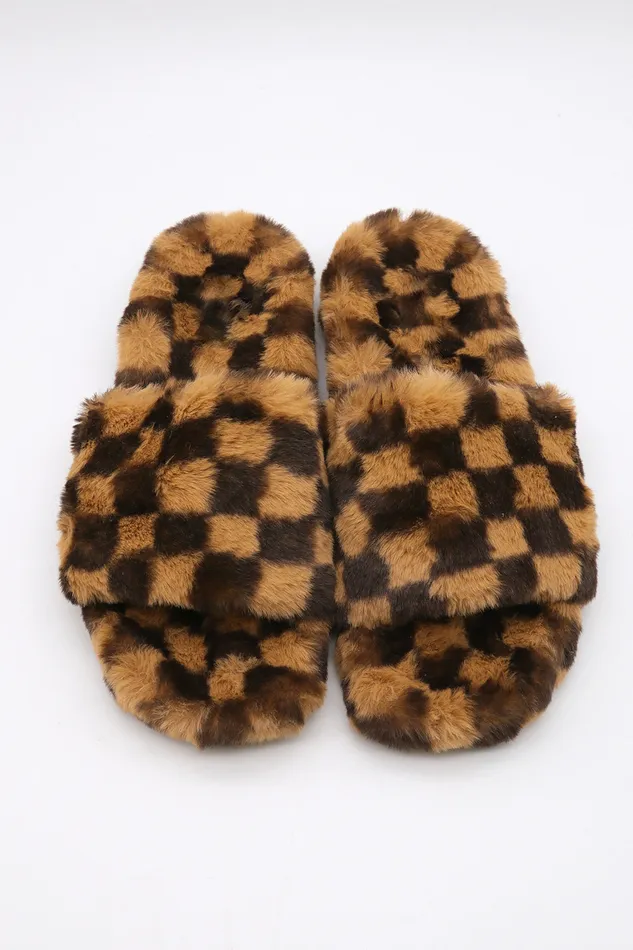 Storets Yva Checkerboard Faux Fur Open Slipper Women Shoes