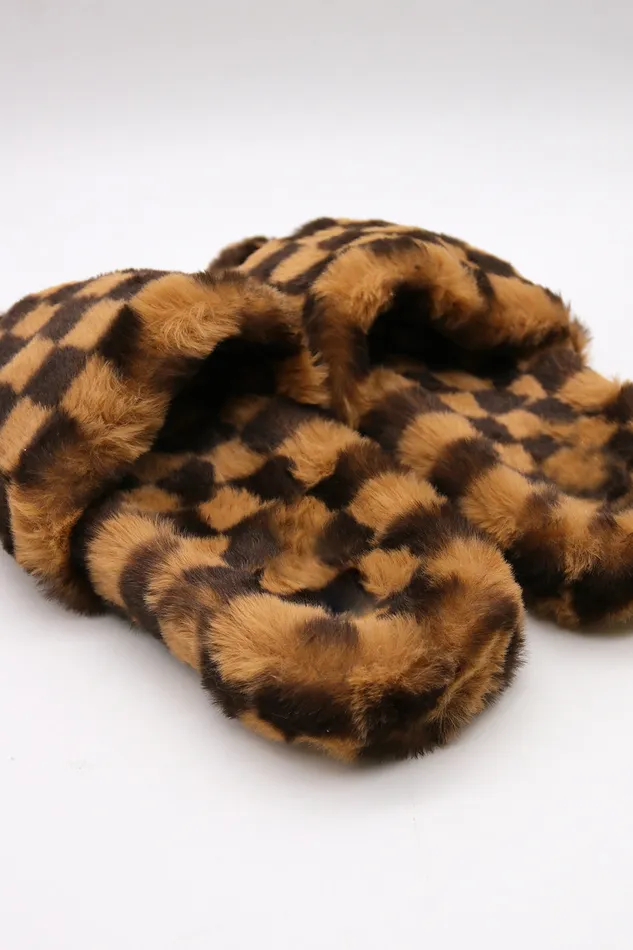 Storets Yva Checkerboard Faux Fur Open Slipper Women Shoes